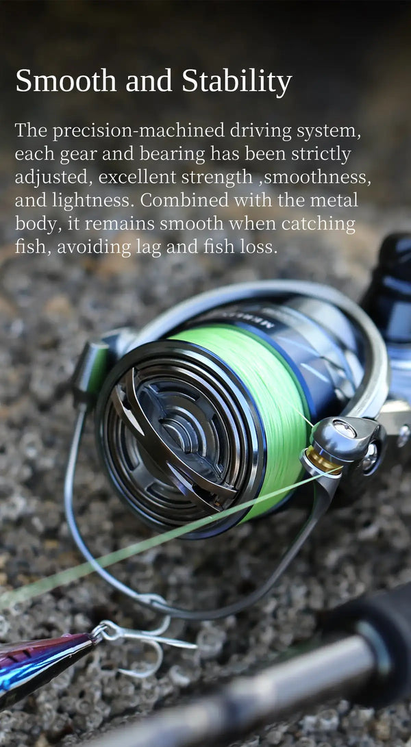 Spinning reel close-up with green line spool, bail, and stable line feed