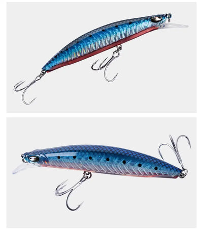 Blue minnow jerkbait lure with detailed eye, silver belly, and treble hook sets