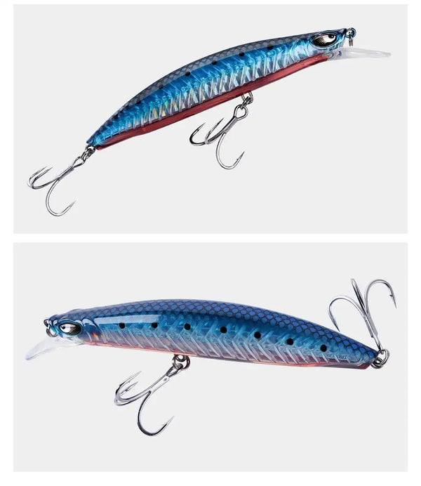 Blue minnow jerkbait lure with detailed eye, silver belly, and treble hook sets