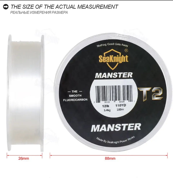 Fluorocarbon fishing line spool with size measurement indicators