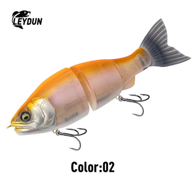 White and orange jointed swimbait lure with silver body and treble hooks