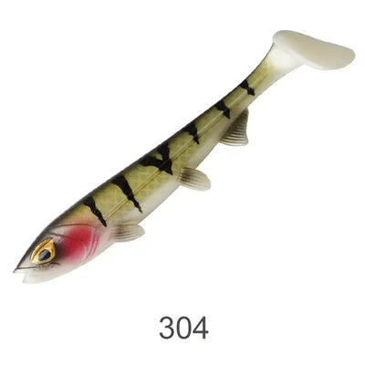 Soft paddle-tail swimbait lure in green with black stripes and paddle tail, color 304