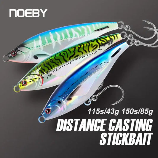 Three-piece sinking pencil stickbait lures with metal rings and hooks, blue and green