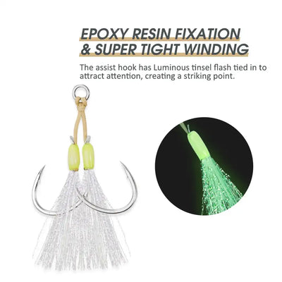 Epoxy resin fixed jigging assist hooks with luminous tinsel flash and neon bead bodies