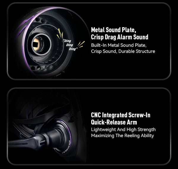 Close-up of black spinning reel drag knob area with purple accent ring