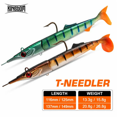 Two paddle-tail soft fishing lures with jig heads, green-blue and orange-brown bodies