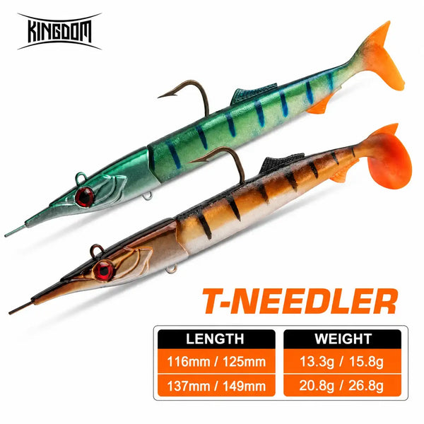 Two paddle-tail soft fishing lures with jig heads, green-blue and orange-brown bodies