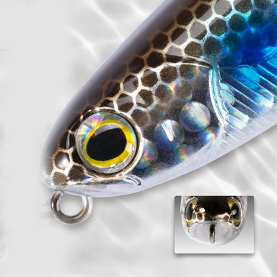 Close-up of holographic blue-and-brown pencil lure with large eye, fin, treble hook