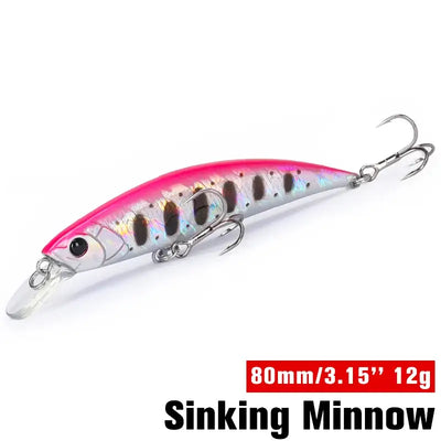Sinking minnow fishing lure, hot pink and silver with dark spotted pattern and treble hooks