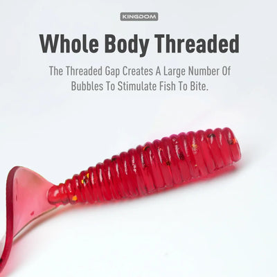 Soft plastic paddle tail lure, red ridged body with pink tail fin close-up
