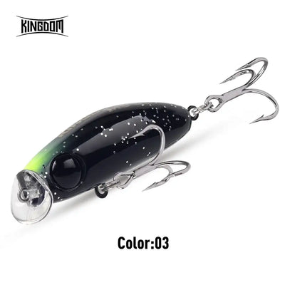 Plastic sinking minnow lure, black body with green flecks, clear nose and treble hooks