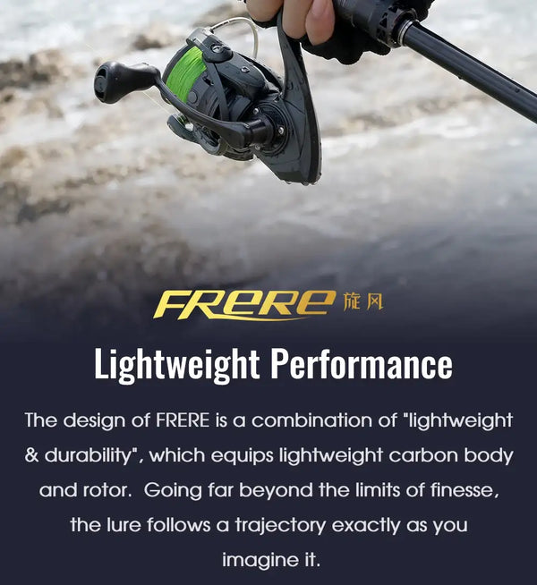 Black spinning reel mounted on fishing rod held outdoors