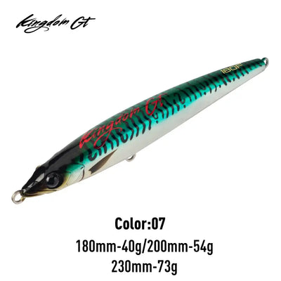 Floating pencil fishing lure, teal and green with black back, metal lip and hooks.