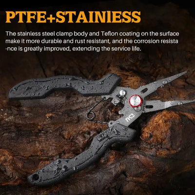 Stainless steel split ring pliers with black grips and water-bead texture