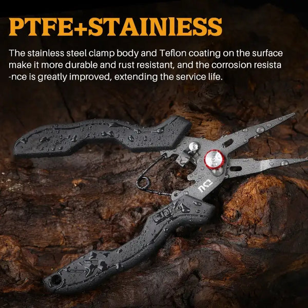 Stainless steel split ring pliers with black grips and water-bead texture