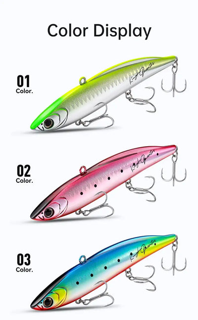 3-piece lipless fishing lure set; green, pink, and blue bodies with treble hooks