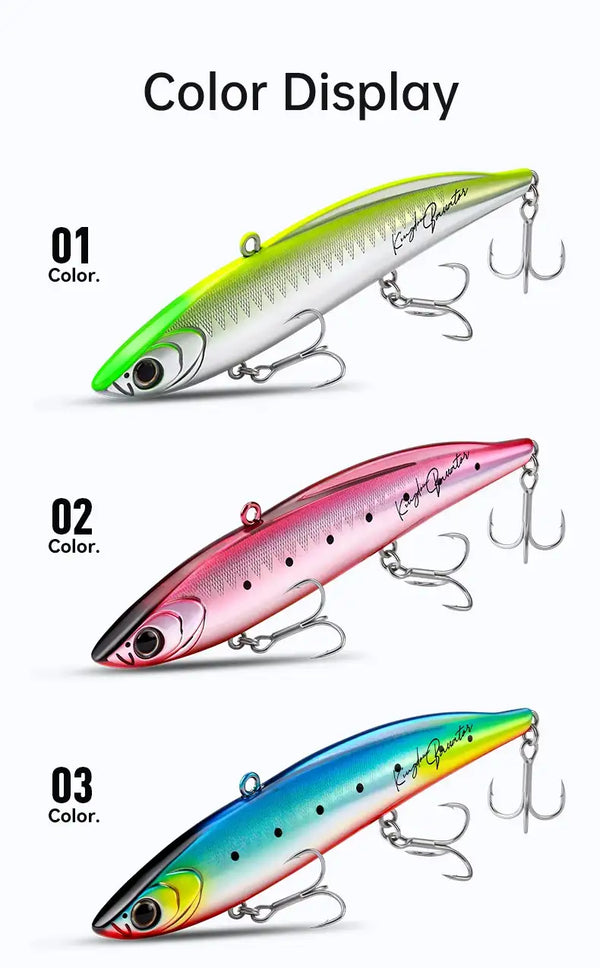 3-piece lipless fishing lure set; green, pink, and blue bodies with treble hooks