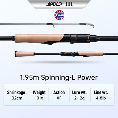 1.95m spinning fishing rod with cork handle, black carbon blank, XF action