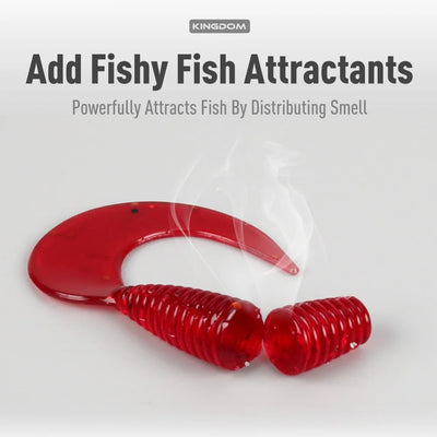 Soft plastic fishing lure, glossy red segmented body with paddle tail