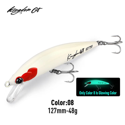 Cream sinking minnow lure with red tail, clear lip and three treble hooks (127mm)