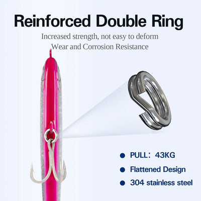Pink sinking pencil fishing lure with reinforced double ring and two treble hooks