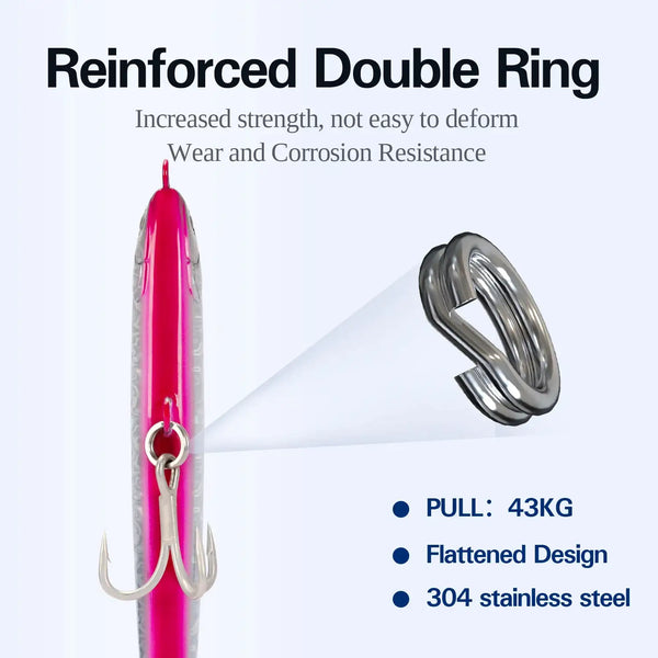 Pink sinking pencil fishing lure with reinforced double ring and two treble hooks