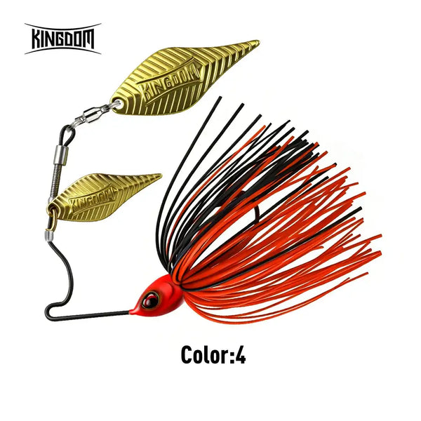 Titanium spinnerbait lure color: gold blades with bright orange-red skirt and red eye