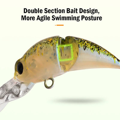 Close-up of two-section micro minnow crankbait with glowing green plate and clear lip