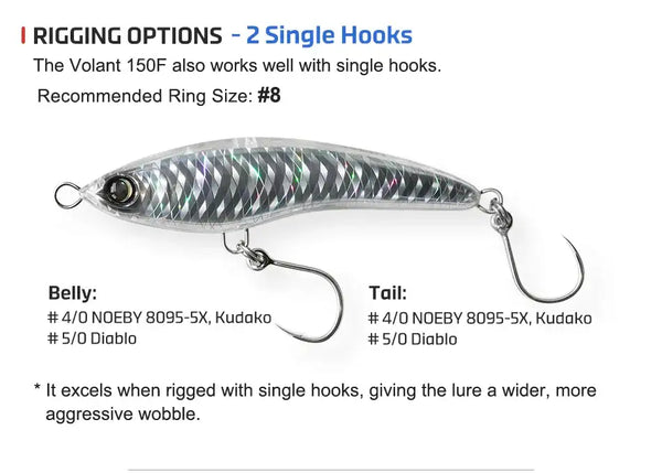 Floating stickbait lure with single-hook rig, silver-blue scale pattern body
