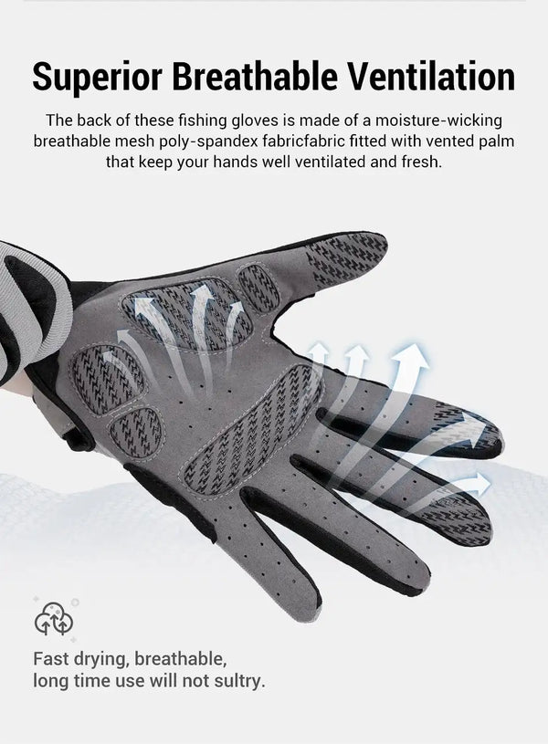 White fishing glove back with vented mesh panels for breathable airflow
