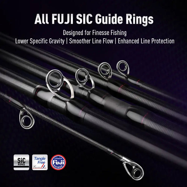 Fishing rod with Fuji SIC guide rings displayed along the black carbon blank