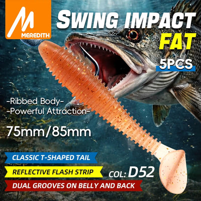 Meredith paddle tail soft plastic 5-pack, ribbed orange body, paddle tail, hooked.