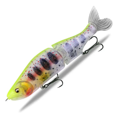 Jointed minnow fishing lure, translucent white with chartreuse head and dark spots