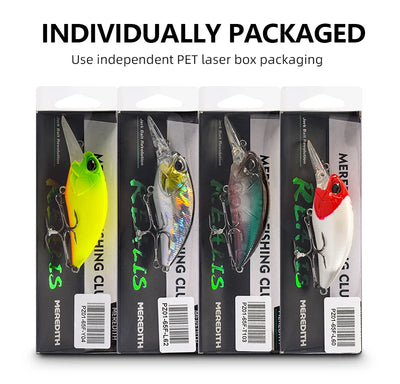 Individually packaged fishing lure boxes showing 4 crankbait color options in blister packs.