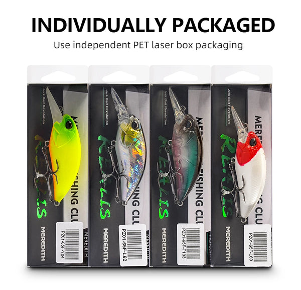 Individually packaged fishing lure boxes showing 4 crankbait color options in blister packs.