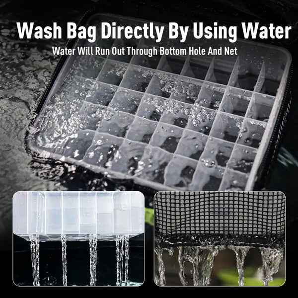 Clear plastic EGI grid insert with dividers and water-drain holes in black case
