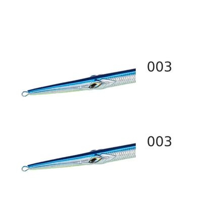 Sinking pencil lure, blue/silver (003), two views with treble hooks