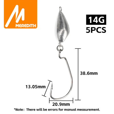 14G jig lead head weedless hook, 5pcs, curved hook with size diagram