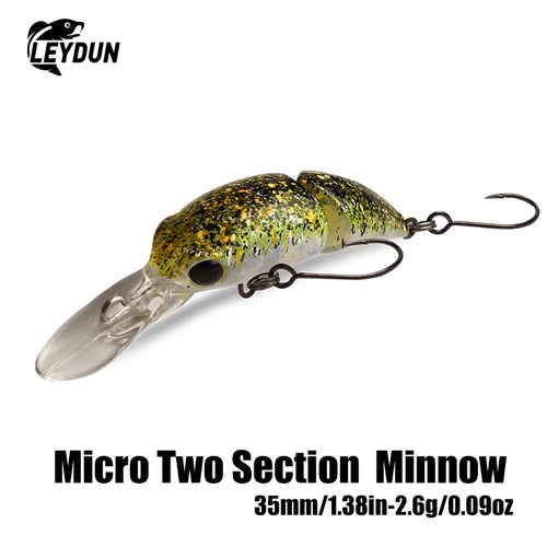 Golden speckled two-section micro minnow crankbait with clear lip and treble hooks