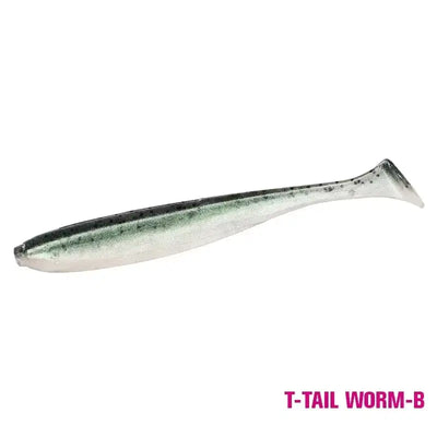 Soft T-tail worm lure, light silver with green tint and fine glitter speckles