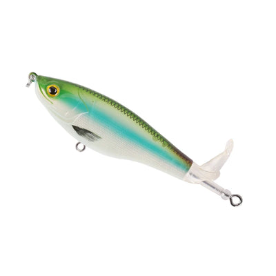 Floating topwater fishing lure, teal and green scale pattern, rotating tail, treble hooks