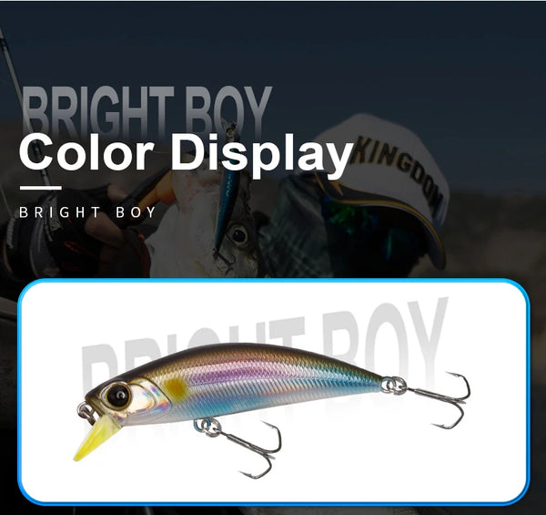 Blue-silver minnow lure with yellow lip and treble hooks, side view