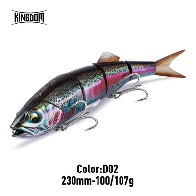Multi-jointed hard fishing lure, green-black with magenta highlights, brown tail and silver trebles