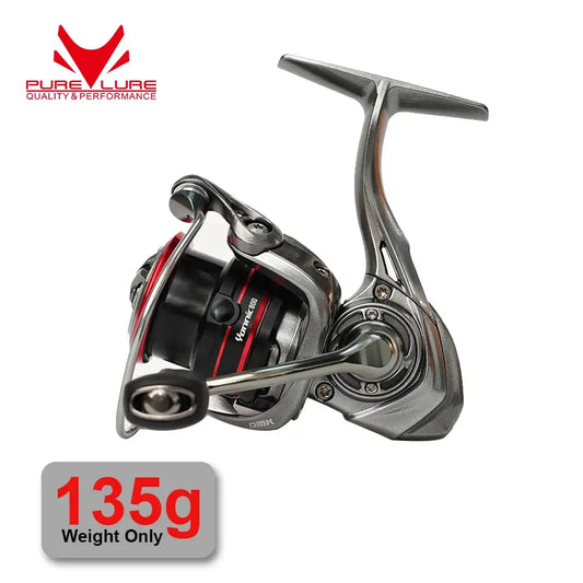 Spinning fishing reel with black and silver body, red accents, and long crank handle
