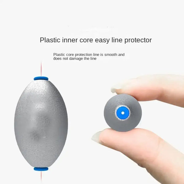 Fishing lead slip sinker with blue plastic inner core and line protection