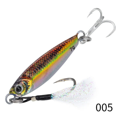 Metal jig fishing lure in green-gold orange pattern with two treble hooks.
