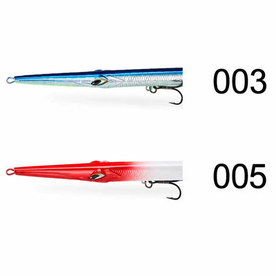Sinking pencil lure set: blue/silver (003) and red/silver (005), treble hooks