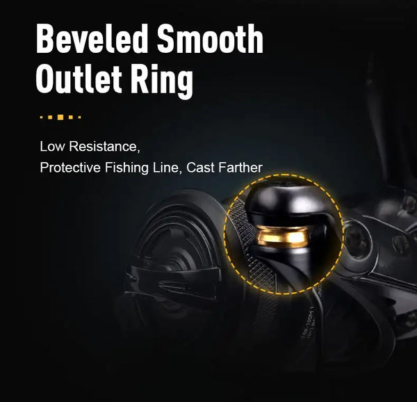 Spinning fishing reel with beveled smooth outlet ring highlighted on the spool housing