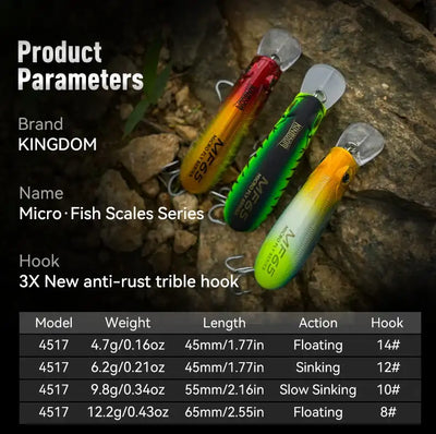 KINGDOM micro fish scales crankbait lure set in red, green, and orange with clear lips and treble hooks