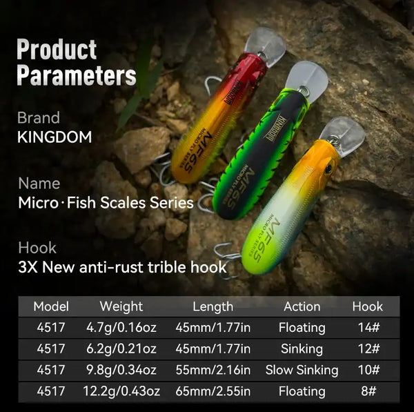 KINGDOM micro fish scales crankbait lure set in red, green, and orange with clear lips and treble hooks